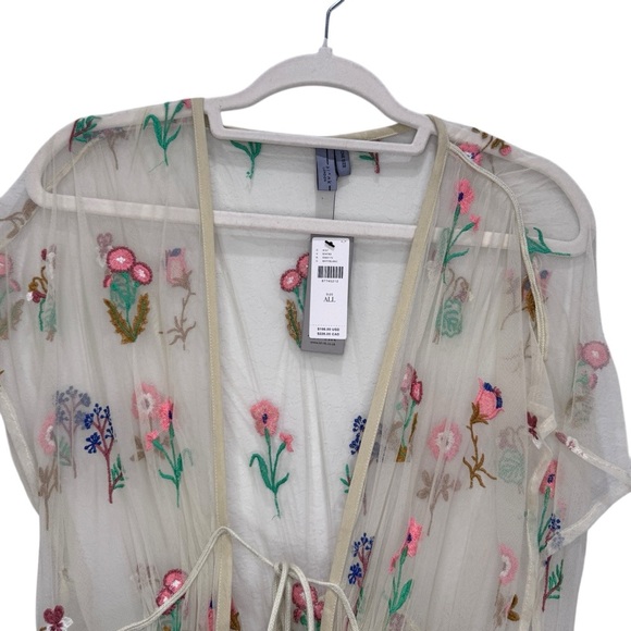 Anthropologie NWT BL^NK Sheer Embroidered Overlay Duster Cream Tan Pink One Size - Picture 9 of 14